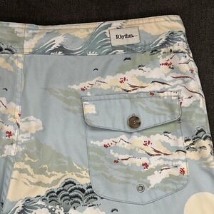 Rhythm Trade Winds Trunk Men 36 Blue Board Shorts Tropical Drawstring Above Knee